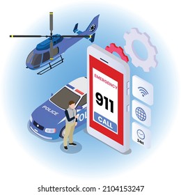 Police emergency call 911 isometric 3d vector concept for banner, website, illustration, landing page, flyer, etc.