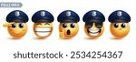 Police emoji character vector set. Emoticon 3d professional characters like police man, guard, sheriff, law enforcer and security wearing cop hat elements. Vector illustration police office emojis 