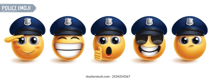 Conjunto de vetores de caracteres emoji policiais. Emoticon 3d personagens profissionais como policial, guarda, xerife, policial e segurança usando elementos de chapéu policial. Ilustração vetorial emojis do escritório de polícia 