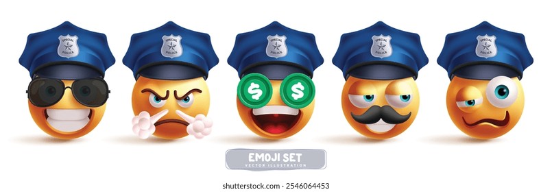 Police emoji characters vector set. Police officer emoticons in happy, friendly, cool, angry and drunk facial expression for patrol cop character collection. Vector illustration 3d icon security emoji