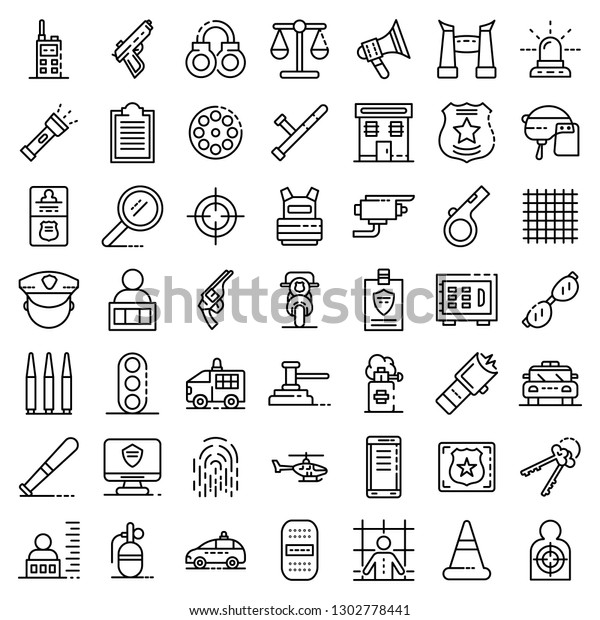 Police\
equipment icons set. Outline set of police equipment vector icons\
for web design isolated on white\
background