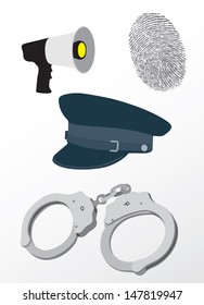 Police equipment: megaphone, handcuffs, hat and fingerprint