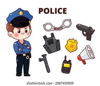 Police equipment policeman character security service cartoon concept cartoon hand drawn cartoon art illustration