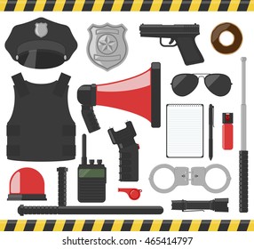 Police equipment and weapon set. Vector illustration