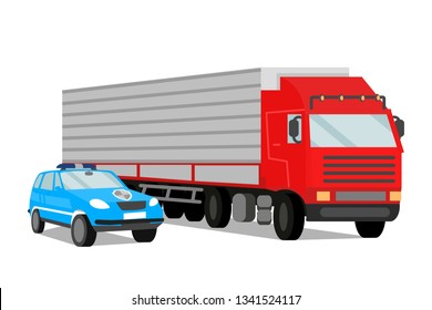 Police Escort and Trailer Flat Vector Illustration. Police Car on Convoy Mission. Logistics and distribution. Cargo Transportation under Protection. Security Agency Services Design Element