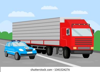 Police Escort and Trailer Flat Vector Illustration. Police Car on Convoy Mission. Providing Security for Goods Transportation Color Drawing. Logistics and Distribution. Cargo Car under Protection