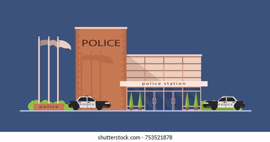 The police facade of the building. Police station and department. Police car. Flat design esp 10.