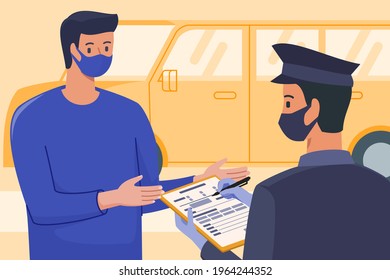 Police With Face Mask And Gloves Friendly Investigate Car Driver While Writing Traffic Or Speeding Ticket Information. 