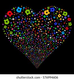 Police fireworks with heart shape. Vector illustration style is flat bright multicolored iconic symbols on a black background. Object love heart combined from scattered symbols.