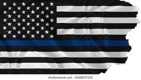 Police flag with thin blue line and torn edges