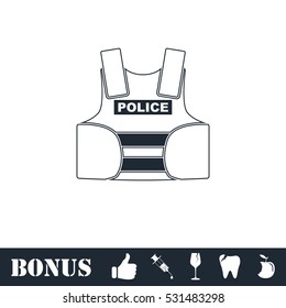 Police flak jacket or bulletproof vest icon flat. Vector illustration symbol and bonus pictogram