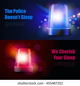 Police flasher siren with light effects banners isolated realistic vector illustration