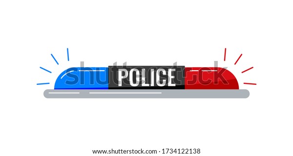 Police flasher siren vector icon isolated on white
background. Red and blue color alert flashing light in flat cartoon
style. Siren with police text light illustration. Led flasher for
police car.