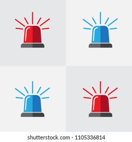 Police flasher, siren vector set. Police or ambulance red and blue flasher siren logo. Alarm or emergency icon flat vector