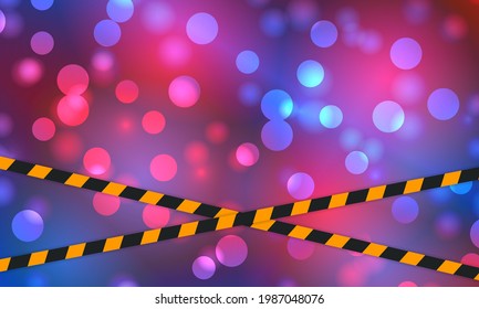 Police Flashing Light Flares Bokeh Background With Police Line. Emergency Lights Flash Red And Blue Glowing Flares On Night Bokeh Background.