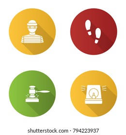 Police flat design long shadow glyph icons set. Robber, footprints, gavel, alarm. Vector silhouette illustration