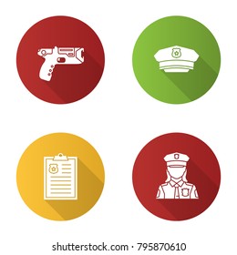 Police flat design long shadow glyph icons set , hat, police report, policewoman. Vector silhouette illustration