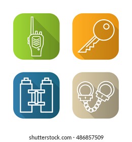 Police flat linear long shadow icons set. Radio transceiver, key, binoculars and handcuffs. Vector line symbols