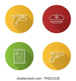 Police flat linear long shadow icons set. Taser, hat, police report, gun. Vector outline illustration