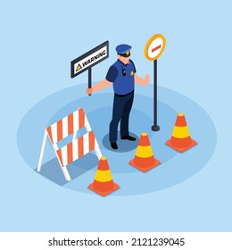 Police with forbidden warning sign 3D isometric vector concept for banner, website, illustration, landing page, flyer, etc