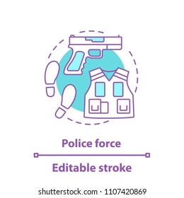 Police force concept icon. Law enforcement idea thin line illustration. Police tactical vest, gun, fingerprints. Vector isolated outline drawing. Editable stroke