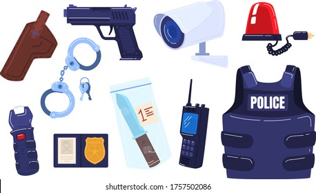 Police Force Law Enforcement Icon Set, Militia Stuff Pistol, Body Armor Handcuffs, Stun Gun Evidence Knife And Badge Isolated On White, Cartoon Vector Illustration. Thing Legislation Protection.