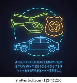 Police force neon light concept icon. Law enforcement idea. Police car, helicopter, badge. Glowing sign with alphabet, numbers and symbols. Vector isolated illustration