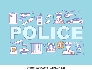 Police force word concepts banner. Law enforcement. Crime prevention. Isolated lettering typography idea with linear icons. Vector outline illustration