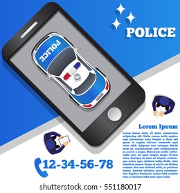 Police in the form of a mobile application. Top view of the car. Vector illustration. 