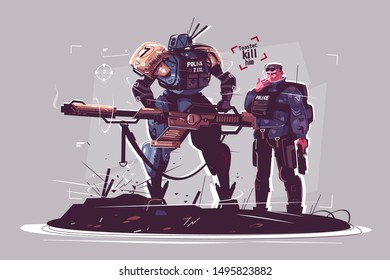 Policía de la futura ilustración del vector. Policías patrulleros con inteligencia artificial y diseño de armas planas. Tecnología futurista. Concepto de ley, orden y seguridad