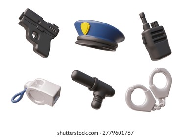 Police gear 3D icons vector set. Cartoon handcuffs, firearm, cap, walkie-talkie, whistle and baton. Police security equipment to apprehend a criminal. Law and justice, legal services symbols