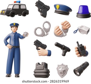 Police gear 3D icons vector set. Cartoon policeman with badge, car with flash light, handcuffs, firearm gun, walkie-talkie, whistle. Police security equipment. Law and justice, legal services symbols