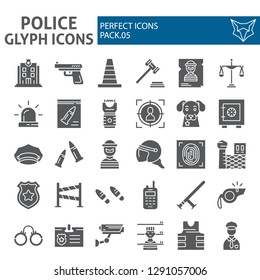 Police glyph icon set, security symbols collection, vector sketches, logo illustrations, safety signs solid pictograms package isolated on white background, eps 10.