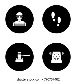 Police glyph icons set. Robber, footprints, gavel, alarm. Vector white silhouettes illustrations in black circles