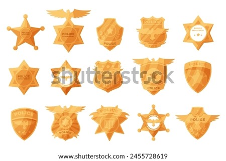 Police gold Badges. Police labels. Policeman law enforcement badges. Sheriff, marshal and ranger logo, police star medallions. Sheriff Badges.