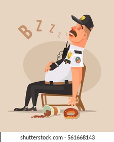 Police guard man character sleep. Vector flat cartoon illustration