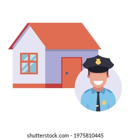 the police are guarding a private house. flat vector illustration