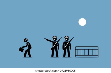 Police or guards turning away a person from entering a restricted area. Vector illustrations concept of jurisdiction, road block, no entry, unauthorized access, travel restriction and permission deny.