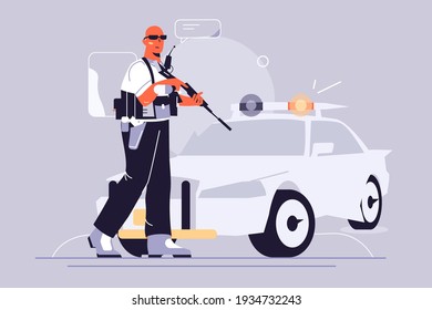 Police guy and car vector illustration. Police officer in uniform standing with weapon flat style. Criminal on city street. Security and policeman job concept. Isolated on grey background