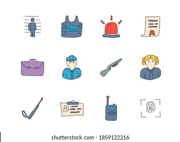 von der Polizei handgezeichnete lineare Vektorsymbole einzeln auf weißem Hintergrund. Polizeidoodle-Icon-Set für Web- und i-Design, mobile Apps und Printprodukte