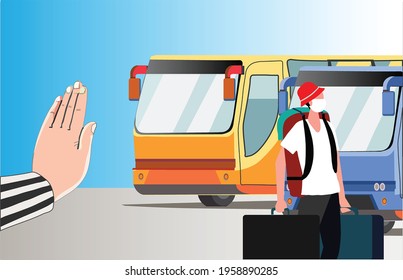 Police hand as a sign for a stop in vector. Illustration of going home on Eid al-Fitr in Indonesia and Asia. Holidays and transportation at the bus station. Men carry large bags for vacations