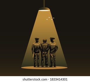 police handcuff criminal man under spotlight sillhouette concept illustration vector