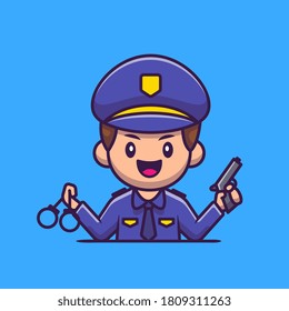 Policía Con Esposas Y Ilustración De Icono De Vector De Caricatura De Armas. Vector Premium Aislado De Icono De La Profesión De La Gente. Estilo de dibujo plano