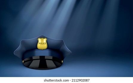 Police hat background with composition of realistic officers cap image and rays of light in chamber vector illustration