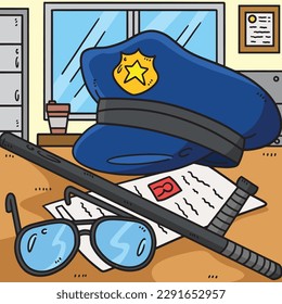 Police Hat And Baton Colored Cartoon Illustration