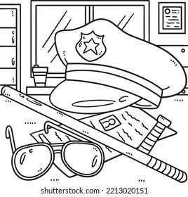 Police Hat And Baton Coloring Page for Kids