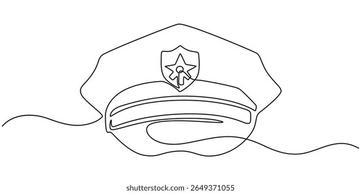 chapéu de polícia desenho contínuo uma linha, chapéu com crachá de segurança, chapéu de polícia.