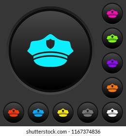 Police hat dark push buttons with vivid color icons on dark grey background