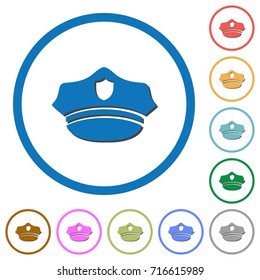 Police hat flat color vector icons with shadows in round outlines on white background