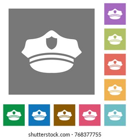 Police hat flat icons on simple color square backgrounds